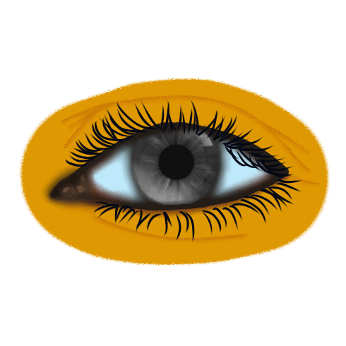 A drawing of a realistic eye on a dark yellow skin tone with natural eyelashes. The pupil is grey.